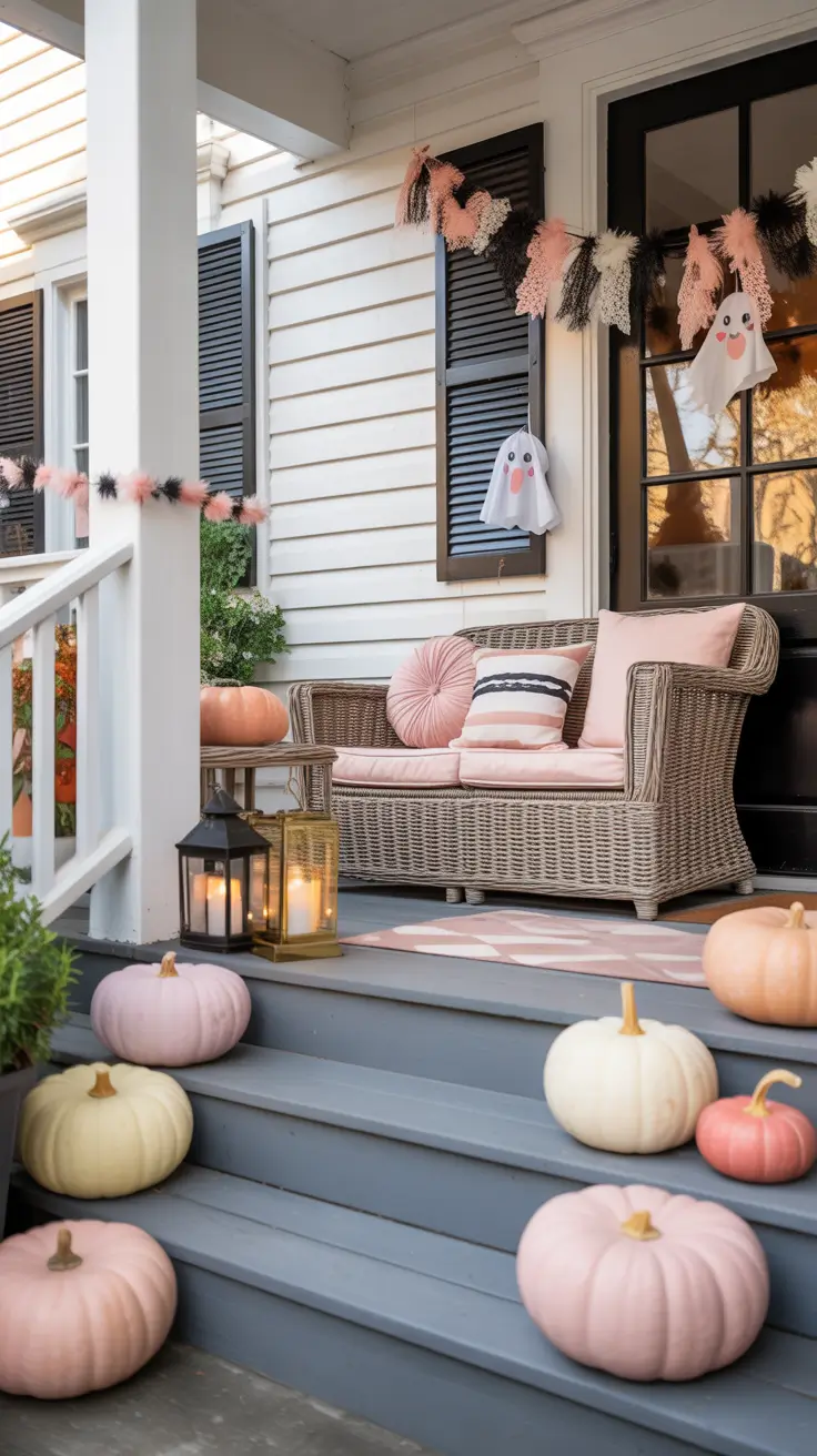 Whimsical Halloween Porch Decorations With Pink Details