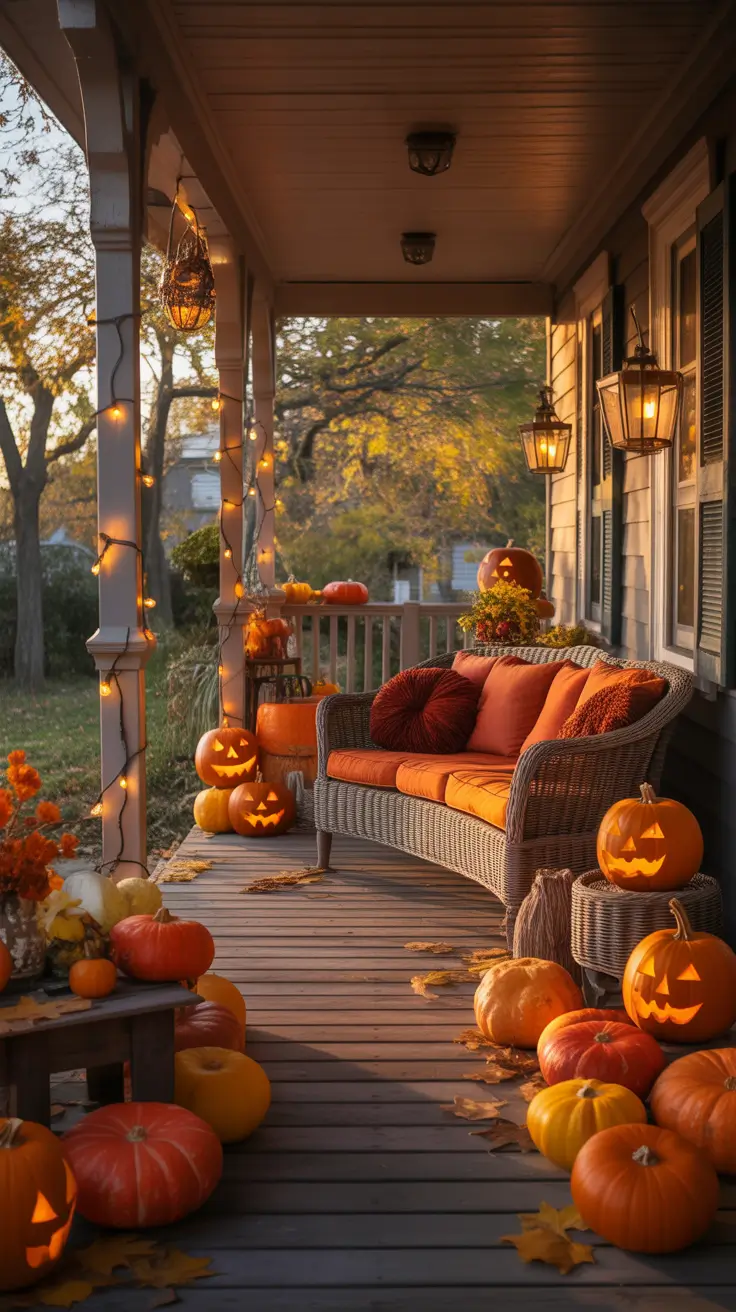 Cozy Halloween Porch Ideas With Warm Orange Accents