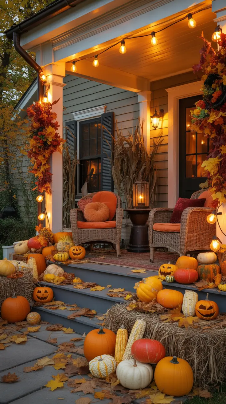 Cozy Halloween Porch Ideas With Warm Orange Accents