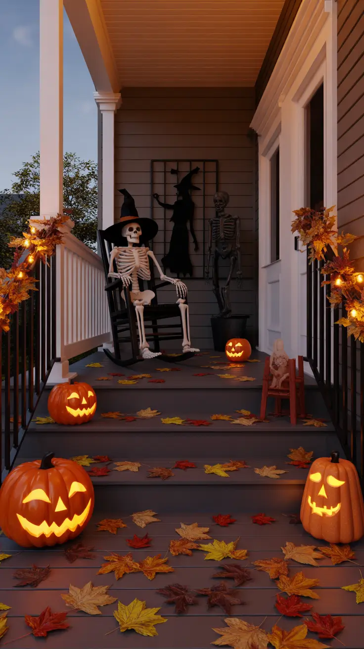 Spooky Halloween Porch Decor With Skeleton Accents
