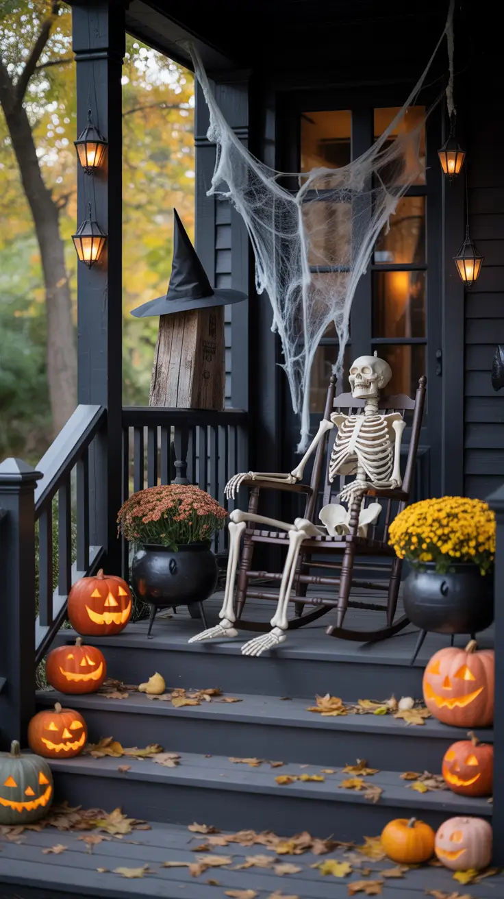 Spooky Halloween Porch Decor With Skeleton Accents