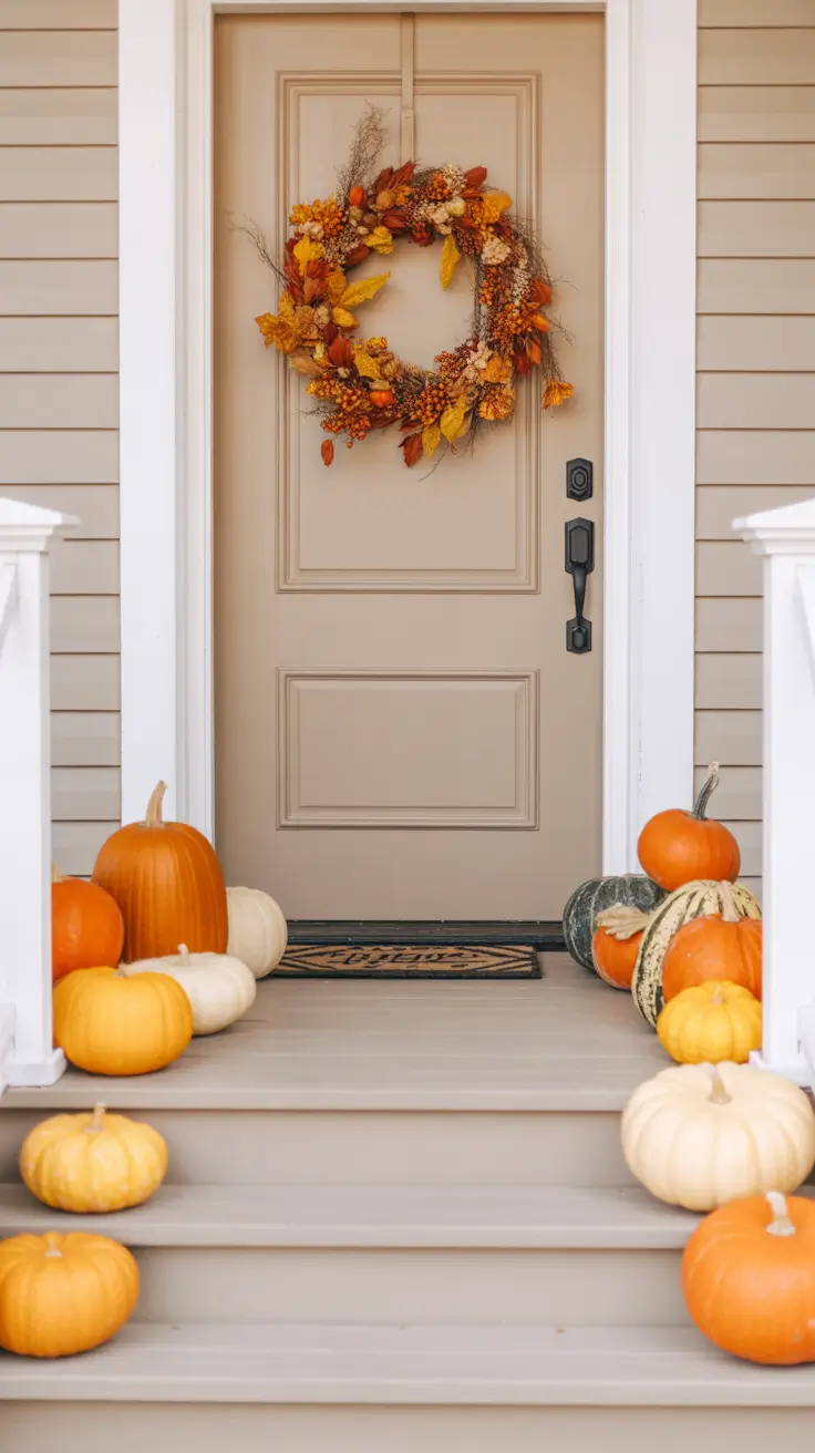 Classic Fall Halloween Porch With Wreath And Pumpkins