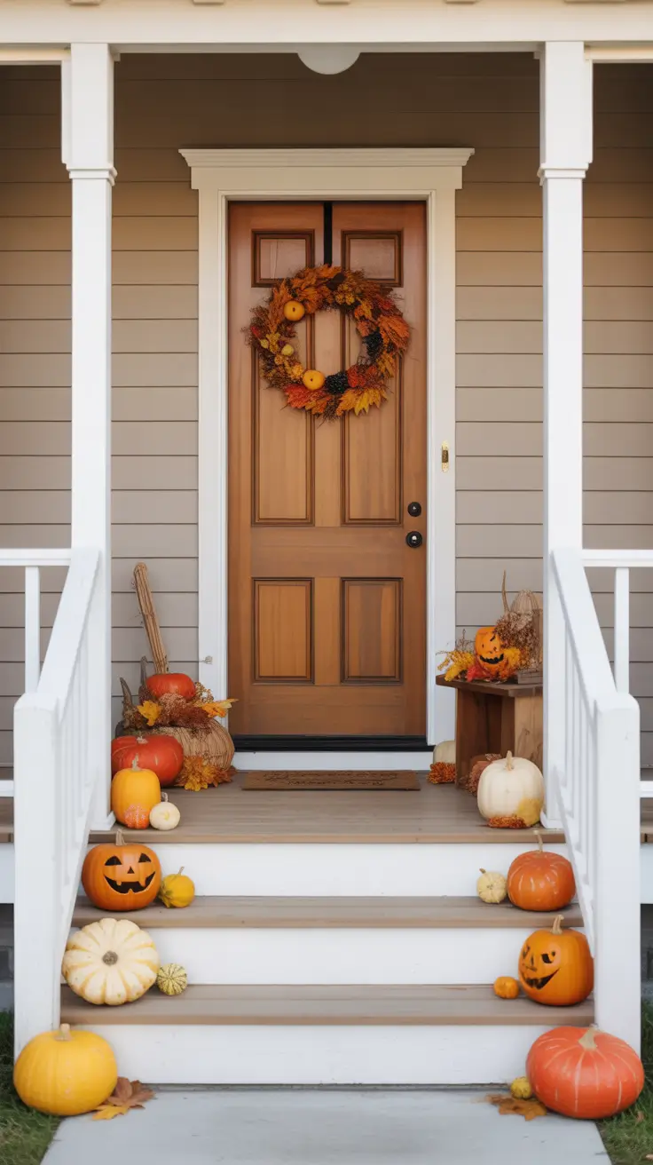 Classic Fall Halloween Porch With Wreath And Pumpkins
