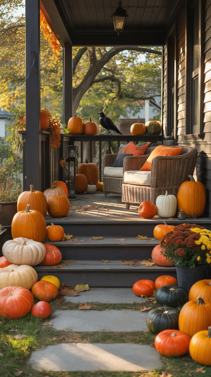 Cozy Porch Seating With Pumpkins And Autumn Textures