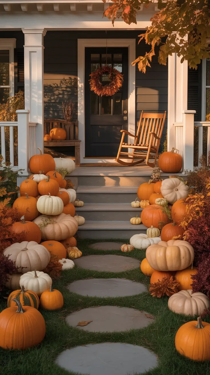 Cozy Porch Seating With Pumpkins And Autumn Textures