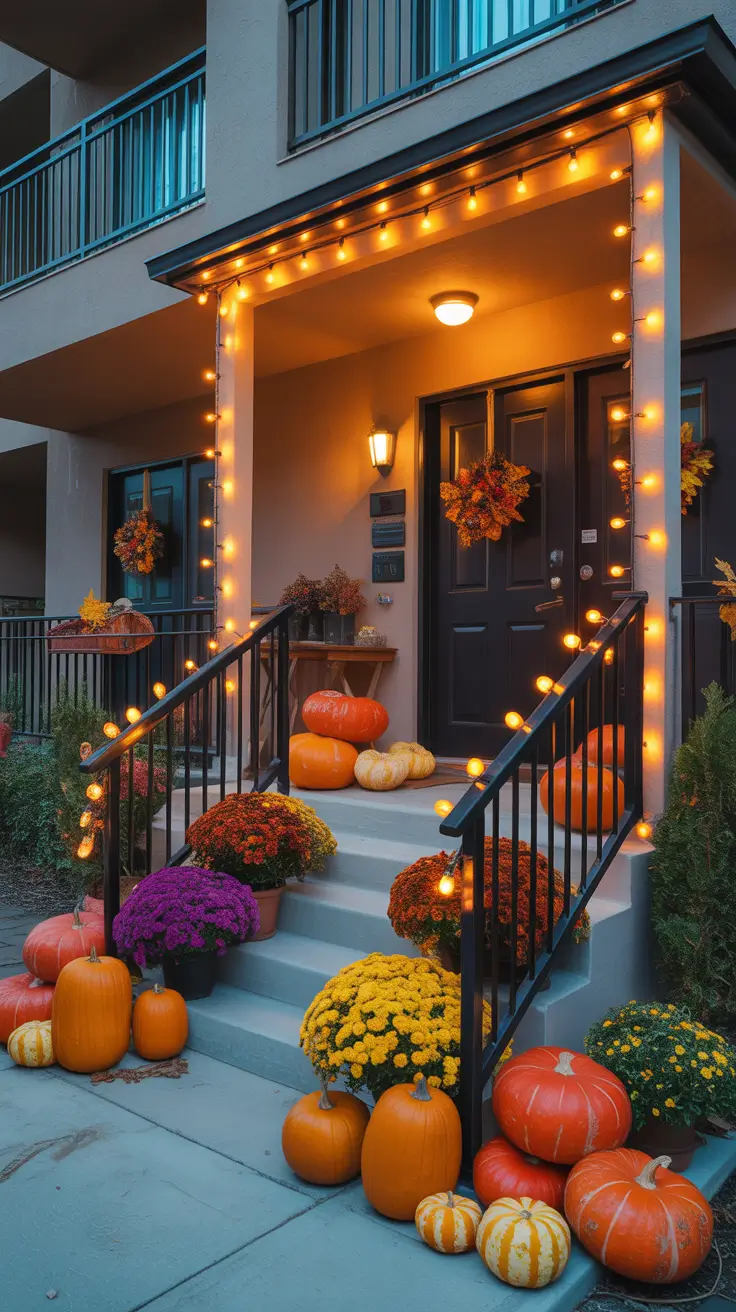 Warm And Inviting Halloween Porch With String Lights