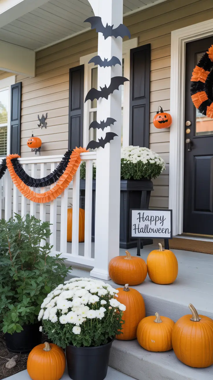 Playful Halloween Porch Decor With Bats And Graphic Accents