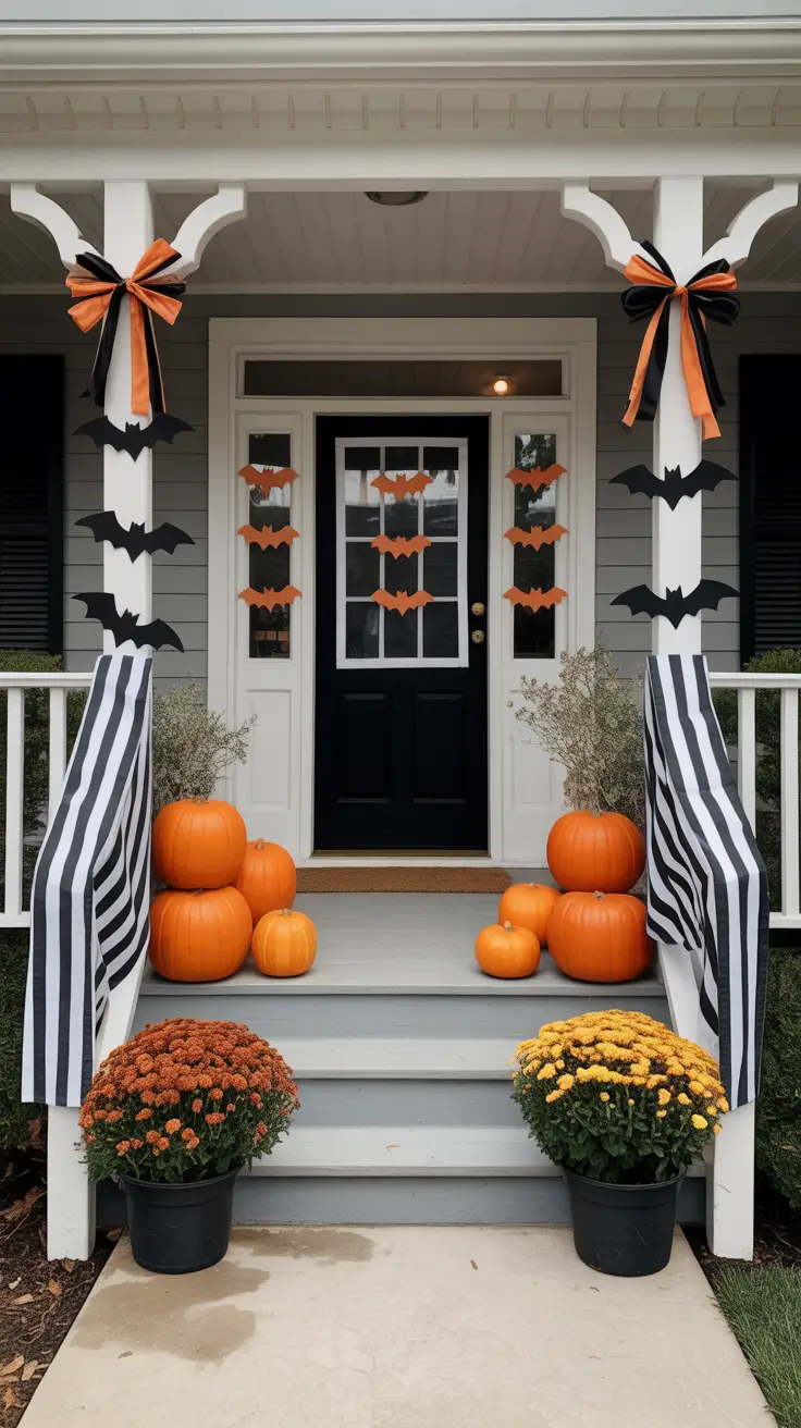 Playful Halloween Porch Decor With Bats And Graphic Accents