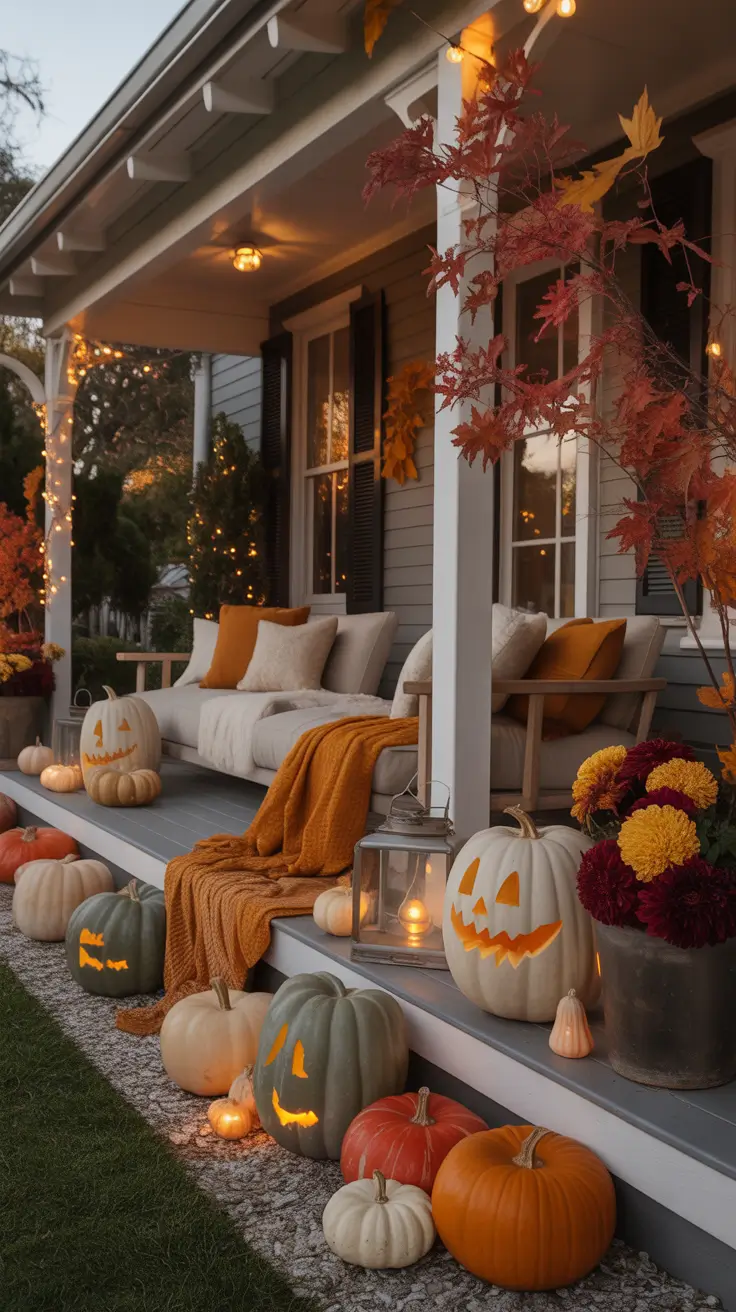 Cozy Evening Halloween Porch With Soft Lighting And Neutrals