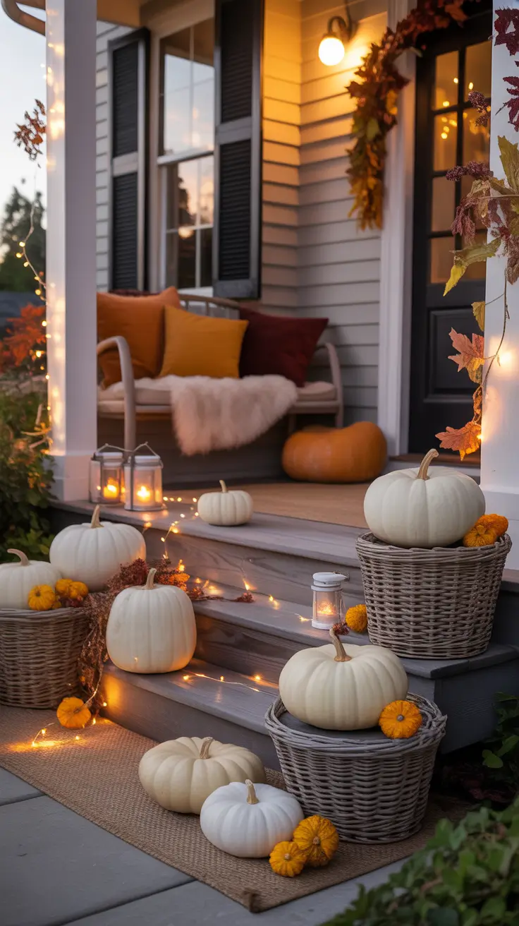 Cozy Evening Halloween Porch With Soft Lighting And Neutrals