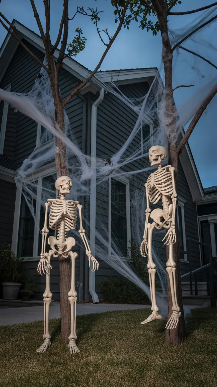 Outdoor Halloween Decor Ideas 2026 Spooky Skeleton Outdoor Halloween Decor Ideas With Web Accents