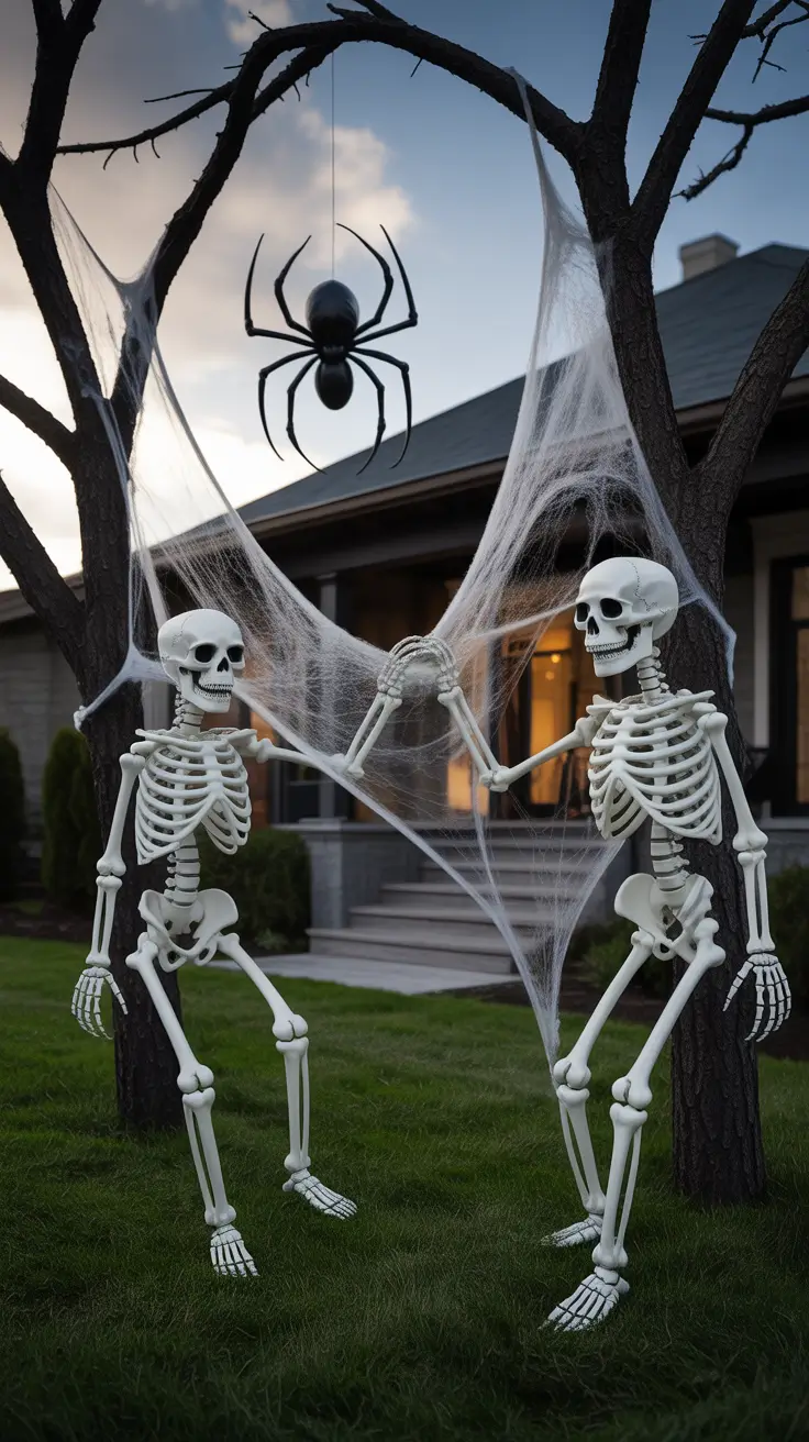Outdoor Halloween Decor Ideas 2026 Spooky Skeleton Outdoor Halloween Decor Ideas With Web Accents