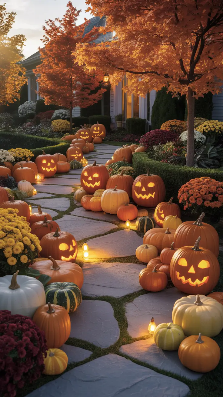 Outdoor Halloween Decor Ideas 2026 Outdoor Halloween Decor Ideas Yard With Pumpkins And Pathway Lighting