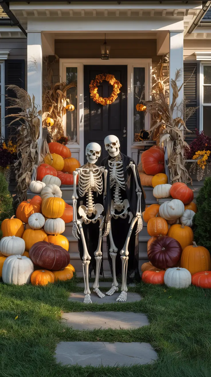 Harvest-Inspired Scary Halloween Porch Decorations With Skeleton Accents