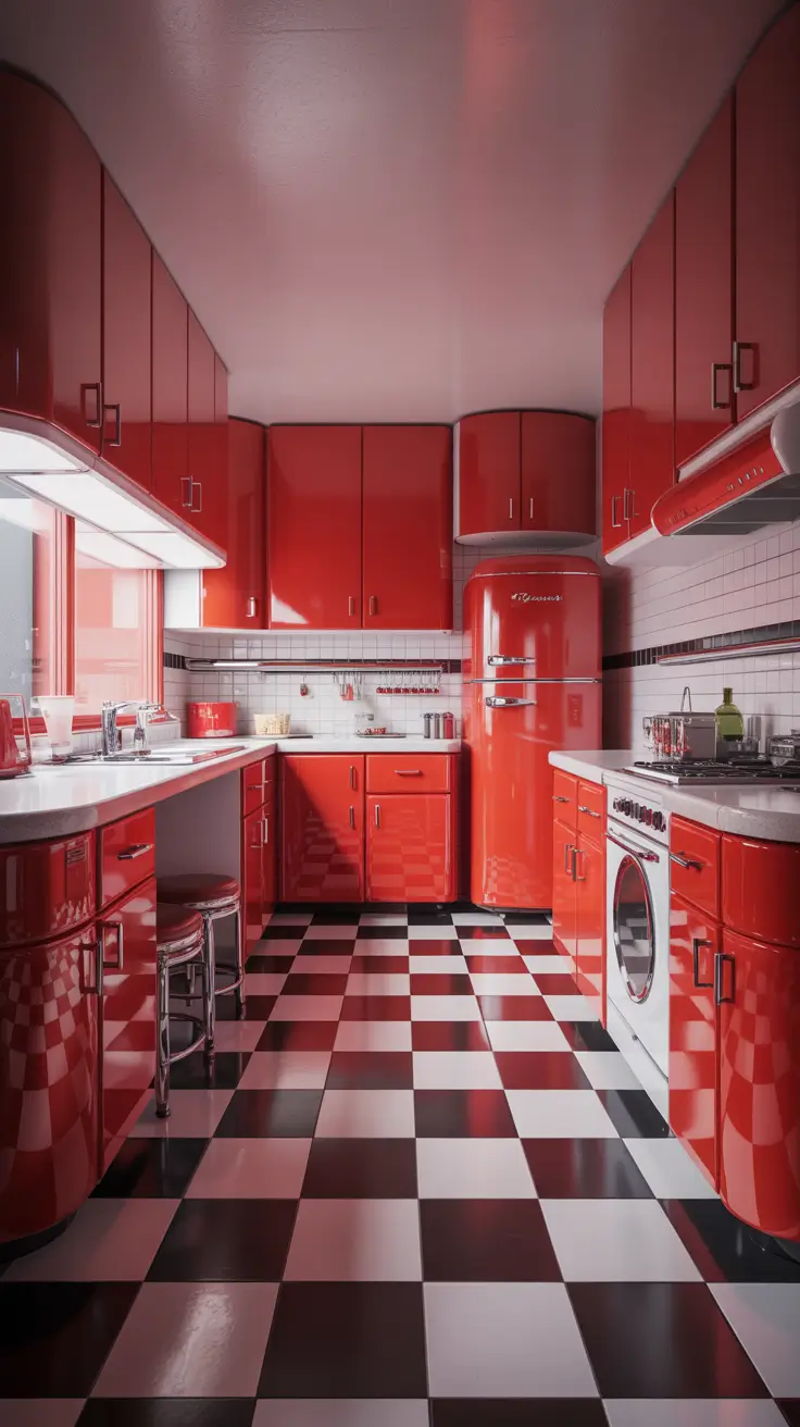 Style Kitchen Ideas 2026 Retro Red Kitchen Ideas With High-Gloss Vintage Drama