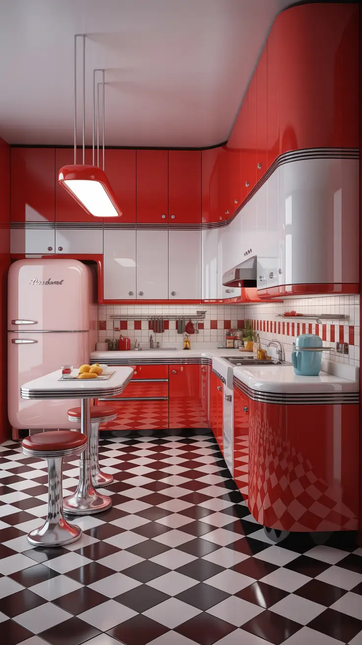 Style Kitchen Ideas 2026 Retro Red Kitchen Ideas With High-Gloss Vintage Drama
