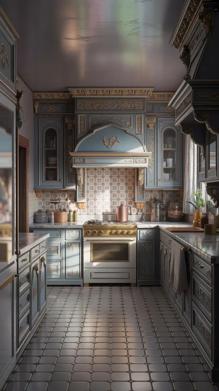 Style Kitchen Ideas 2026 Ornate Blue Classic Kitchen Ideas With Gilded European Detail