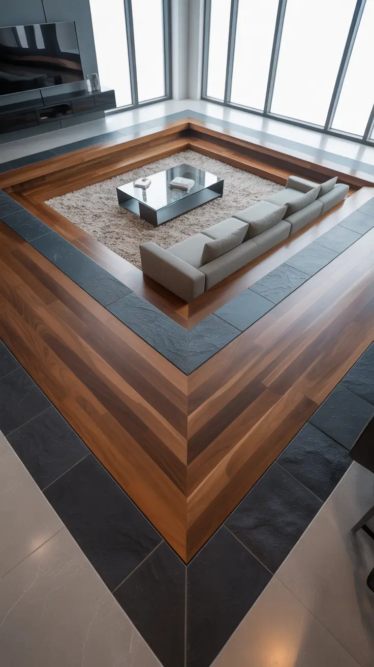 Sunken Living Room Ideas 2026 Geometric Wood-Framed Sunken Living Room Ideas