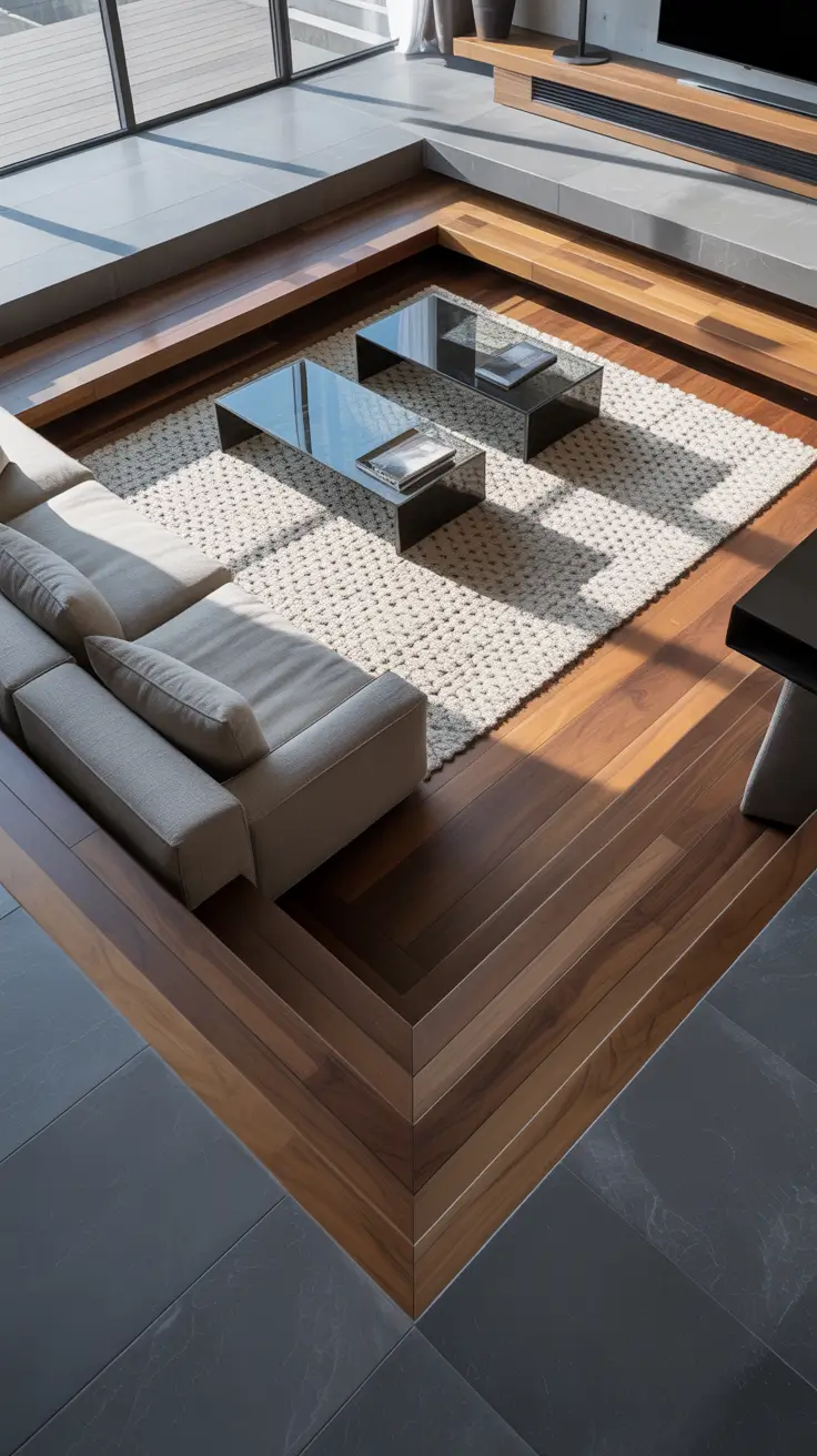 Sunken Living Room Ideas 2026 Geometric Wood-Framed Sunken Living Room Ideas