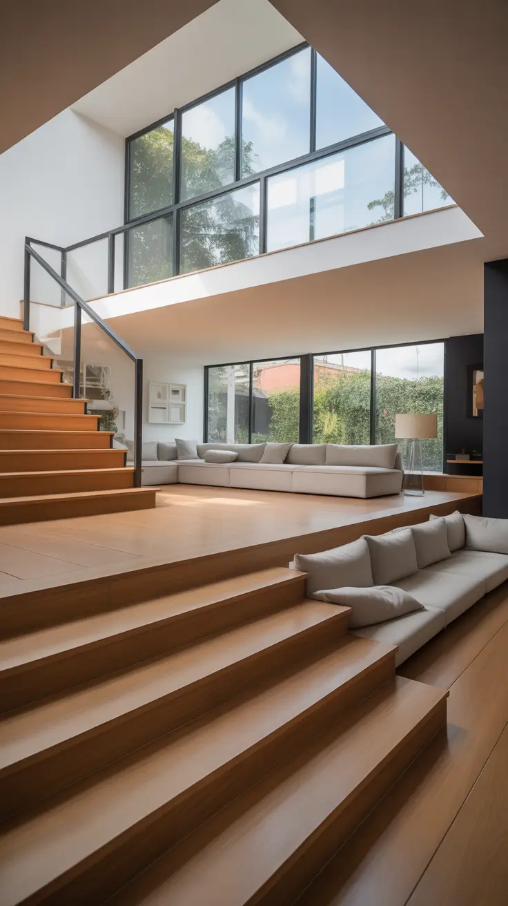 Sunken Living Room Ideas 2026 Split-Level Stair Integration With Sunken Living Room Layout