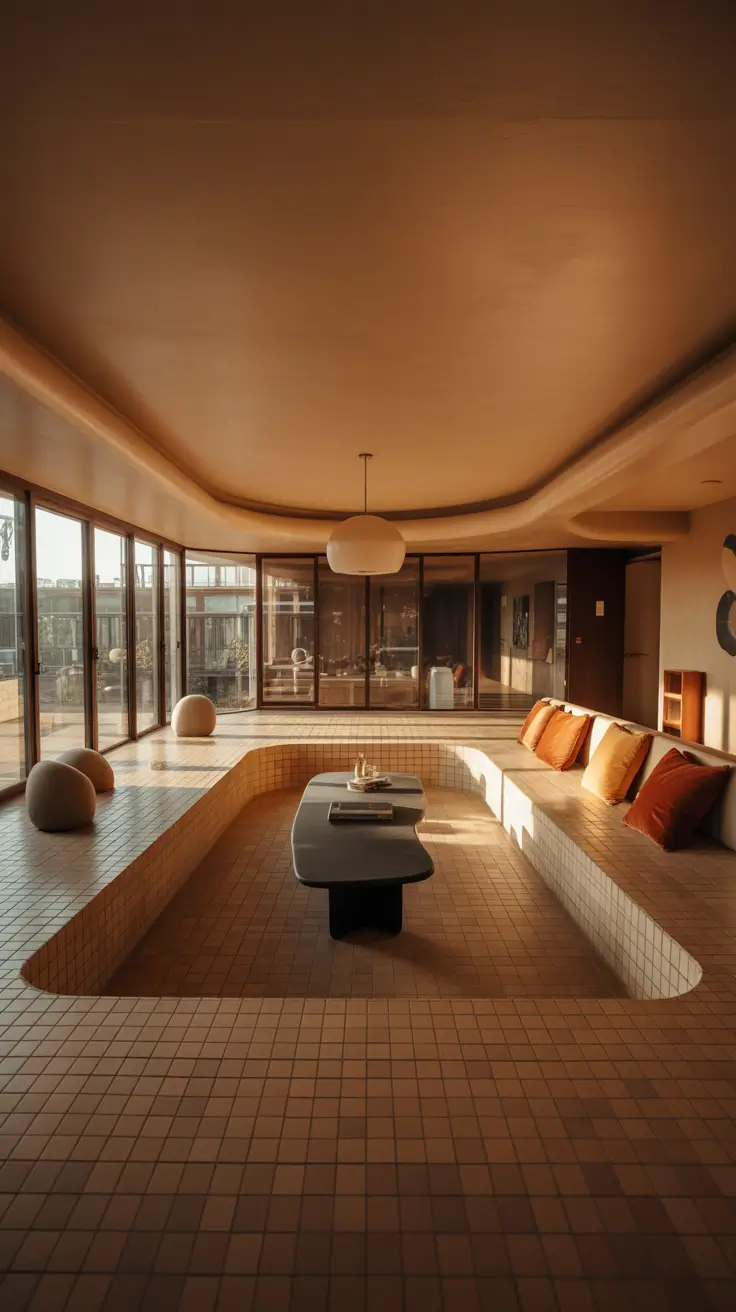 Sunken Living Room Ideas 2026 Curved Tiled Sunken Living Room Ideas With Retro Influence