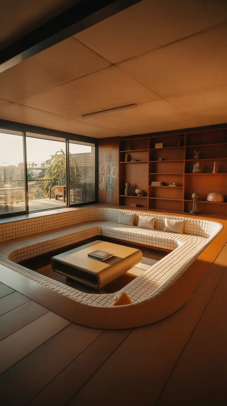 Sunken Living Room Ideas 2026 Curved Tiled Sunken Living Room Ideas With Retro Influence