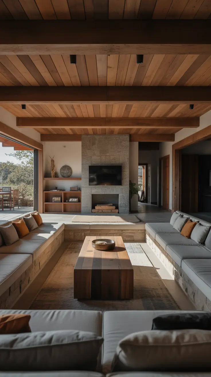 Sunken Living Room Ideas 2026 Rustic Modern Sunken Living Room With Wood Beams