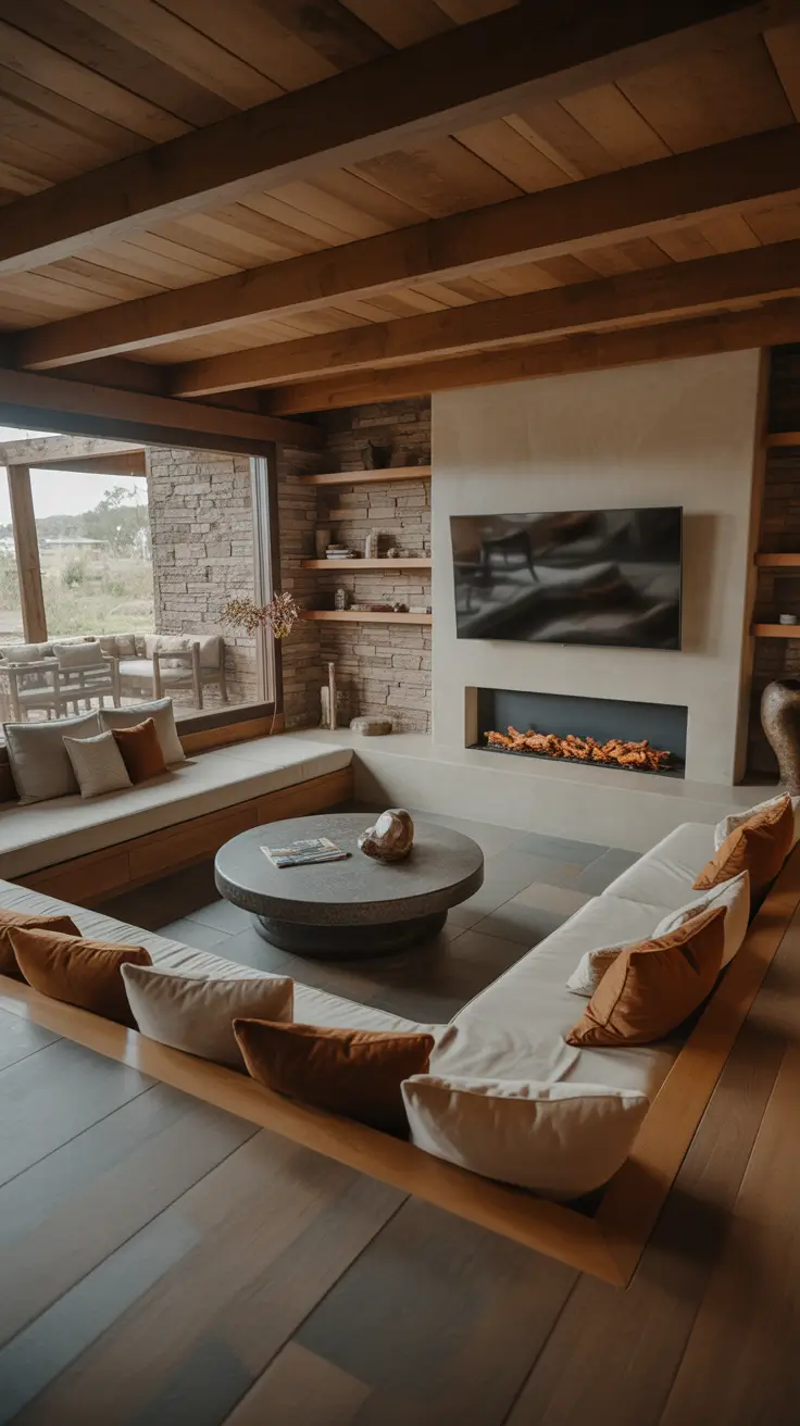 Sunken Living Room Ideas 2026 Rustic Modern Sunken Living Room With Fireplace