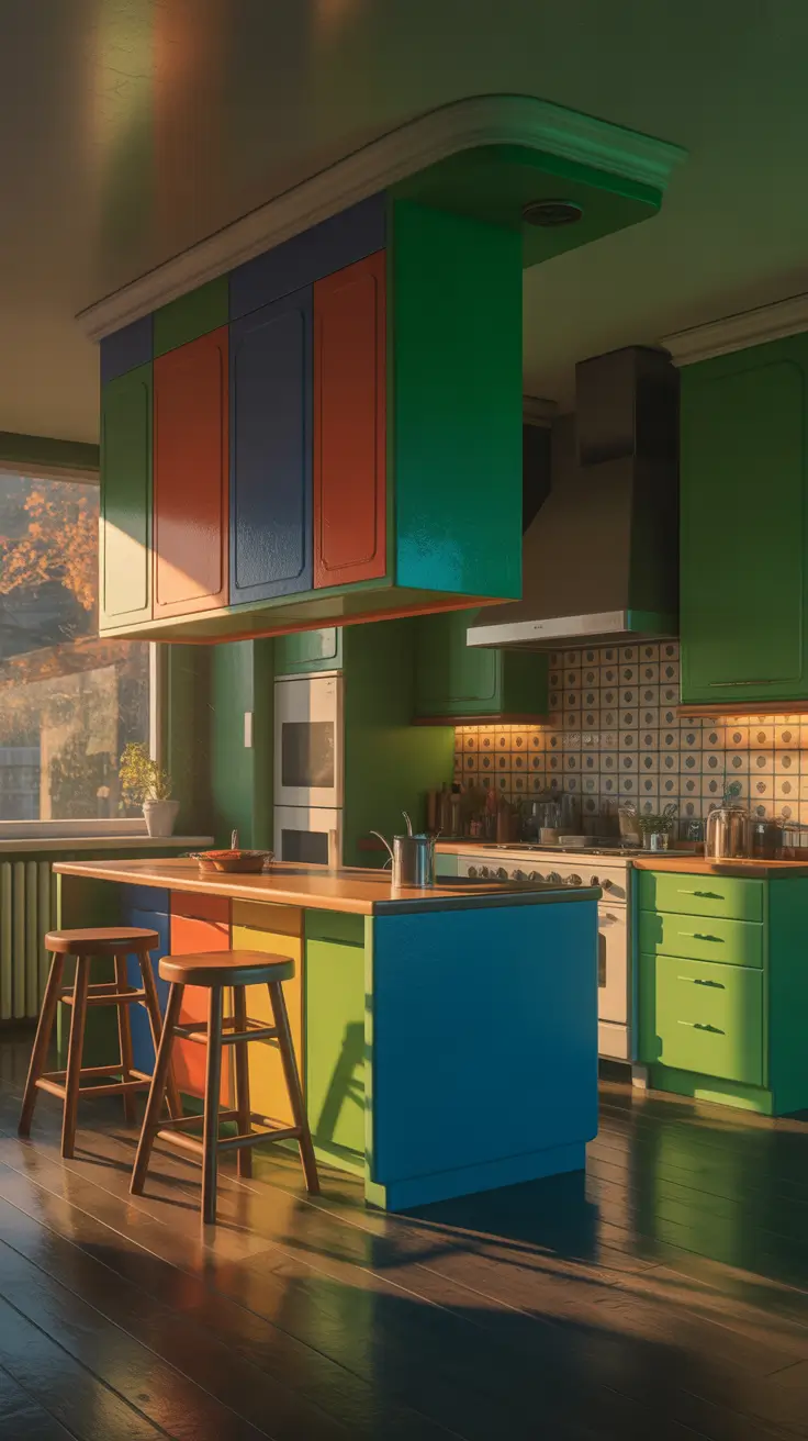 Vintage Kitchen Ideas 2026 Vintage Kitchen Ideas 70s Colorful Cabinets And Moody Lighting