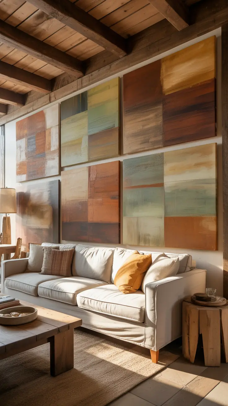 Wall Art for Living Room Ideas 2026 Rustic Modern Living Room Wall Art Ideas With Warm Abstract Panels