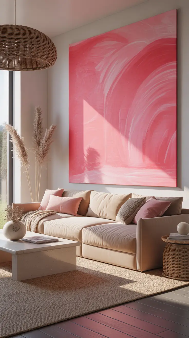Wall Art for Living Room Ideas 2026 Oversized Pink Wall Art Ideas For Living Room With Soft Feminine Style