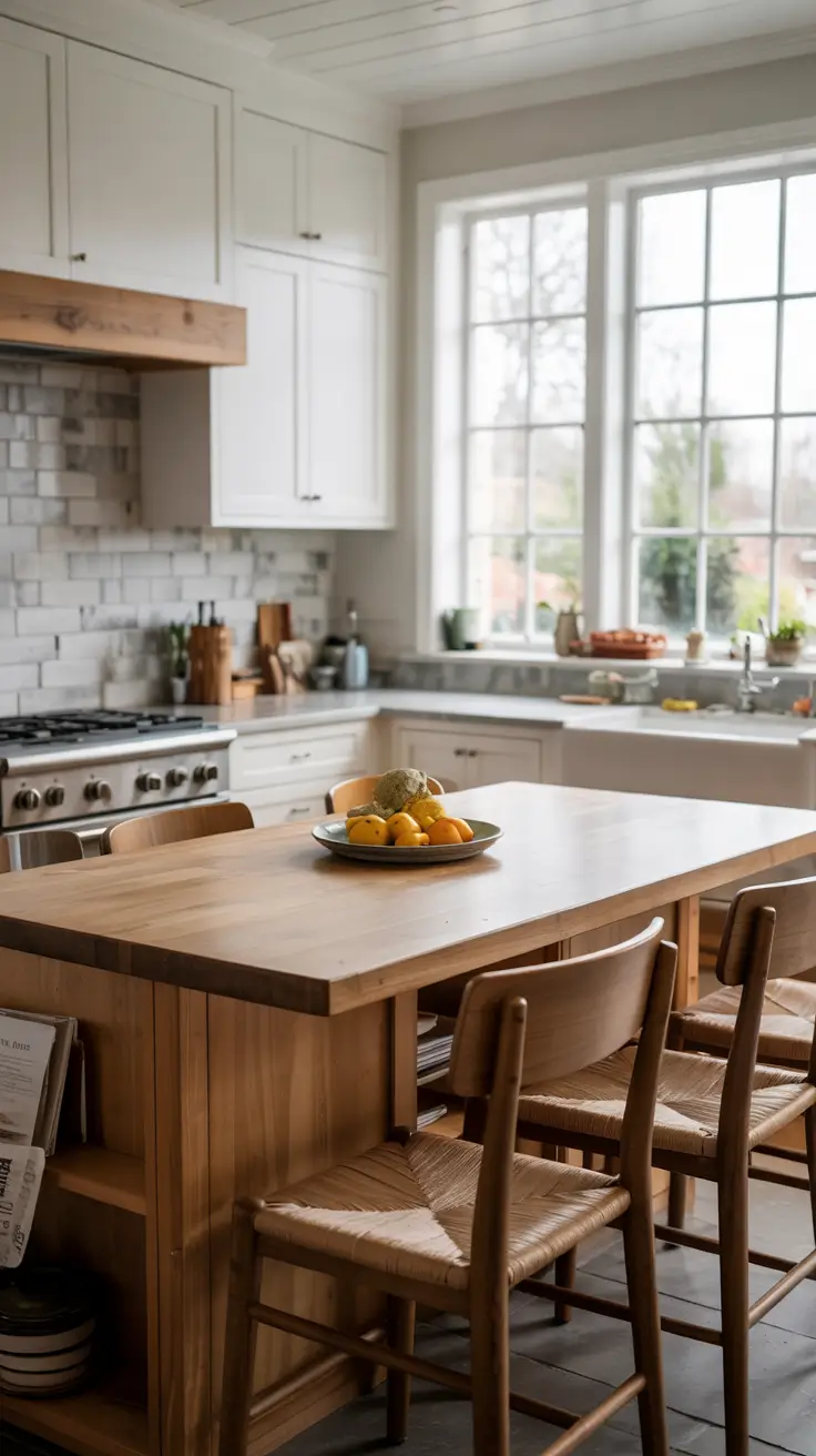 White Kitchen Cabinets Ideas 2026 Warm Wood Island Contrast With White Kitchen Cabinets Ideas