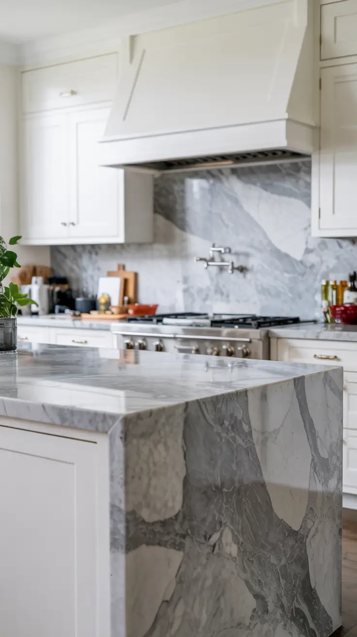 White Kitchen Cabinets Ideas 2026 Waterfall Marble Countertops With White Kitchen Cabinets Ideas