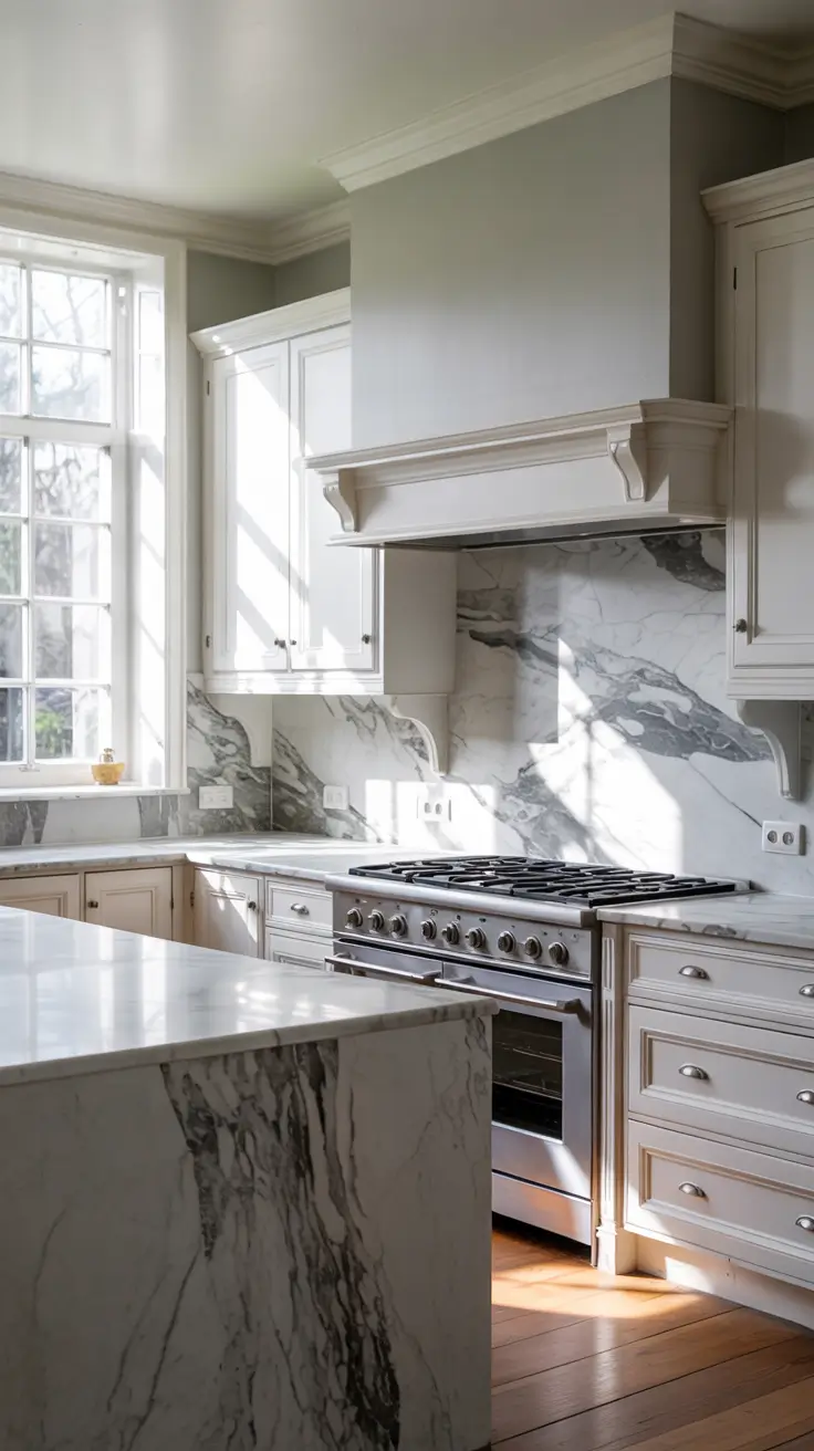 White Kitchen Cabinets Ideas 2026 Waterfall Marble Countertops With White Kitchen Cabinets Ideas