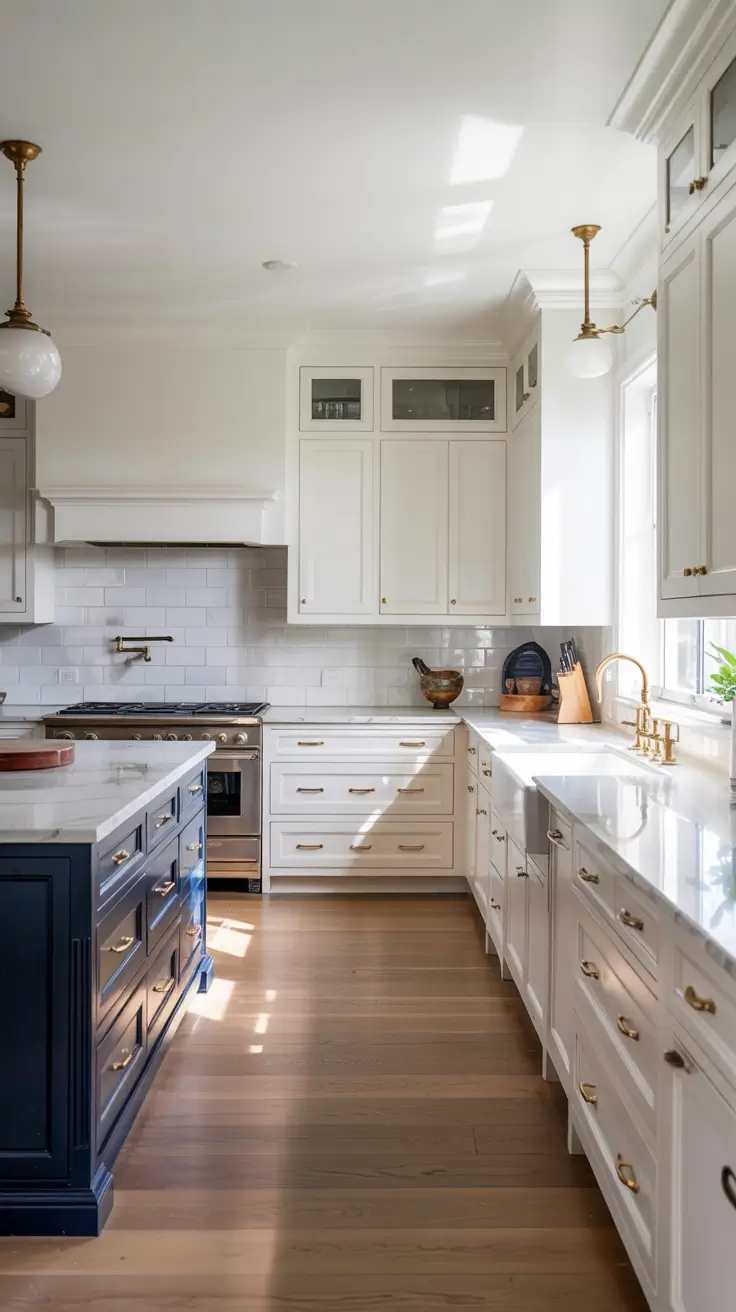 White Kitchen Cabinets Ideas 2026 Navy Island Contrast With White Kitchen Cabinets Ideas