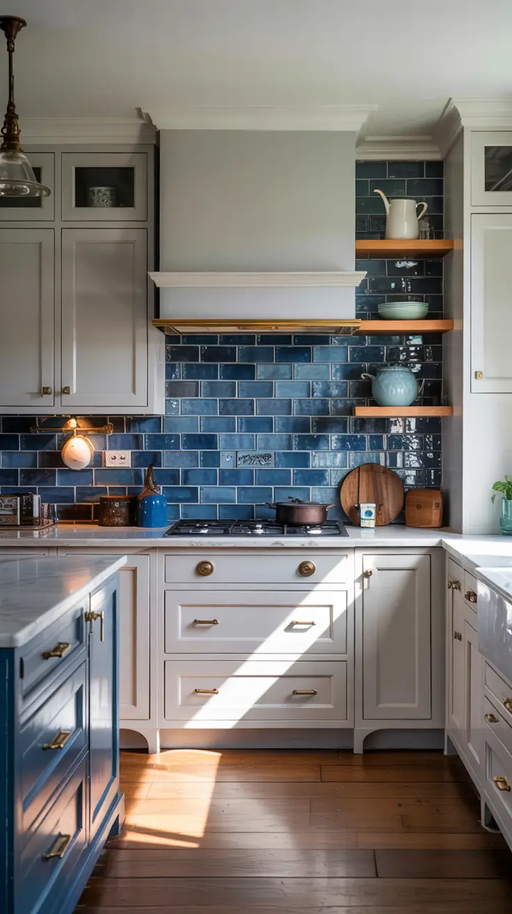 White Kitchen Cabinets Ideas 2026 White Kitchen Cabinets Blue Backsplash Ideas With Navy And Egret Accents