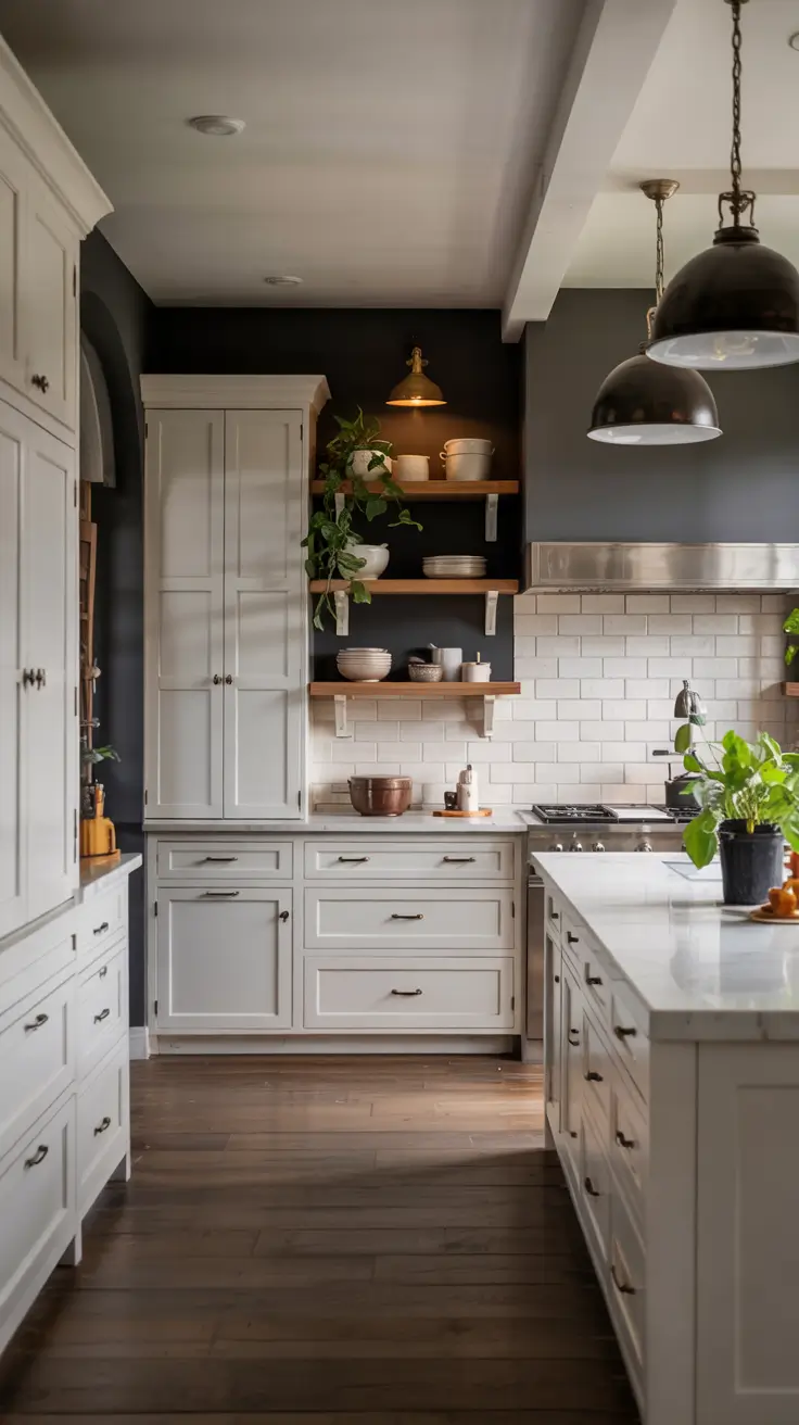 White Kitchen Cabinets Ideas 2026 Moody Kitchen Ideas White Cabinets With Gray And Dramatic Lighting